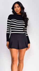 Alana Stripe Mock Neck Sweater Top - Black